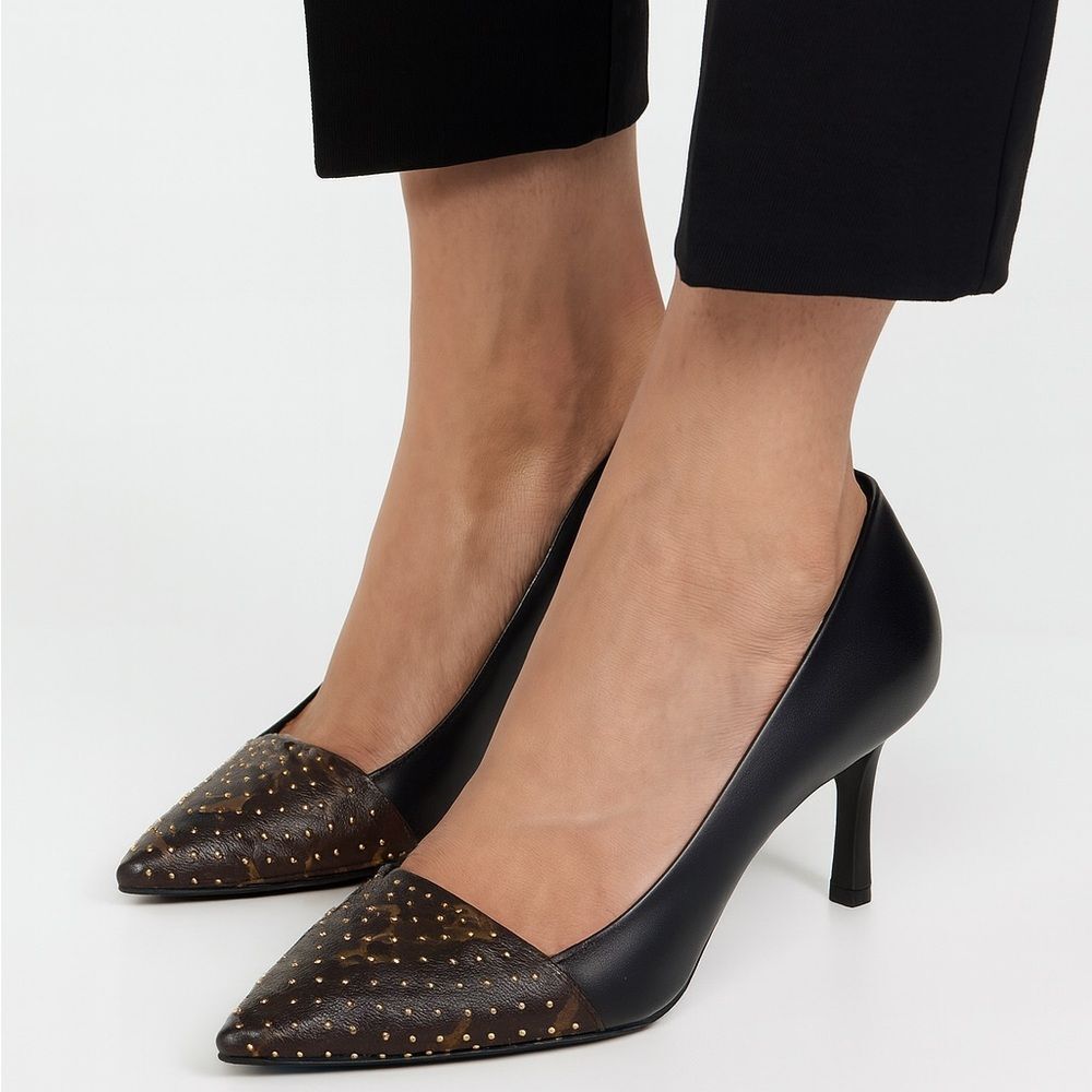 NEW LOUIS VUITTON Cherie Studded LV Monogram Black & Brown Pumps IT36.5